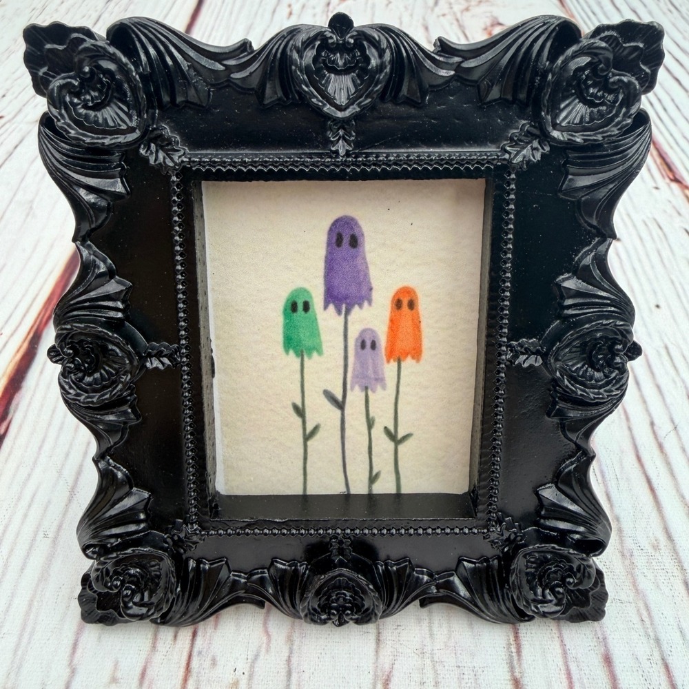 Handmade Black Ornate Resin Frame Ghost Flowers Art Decoupaged Print
